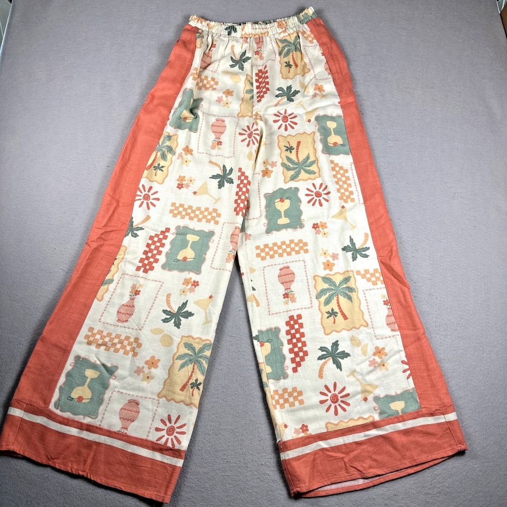 Sienna Sky Women's Pants Size L Linen Blend Ivory Coral Tropical Print Wide Leg